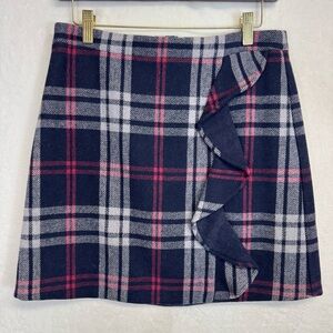 J. Crew Mercantile Skirt Sz 4 Multicolor Plaid Wool Blend Side Ruffle Mini NWT